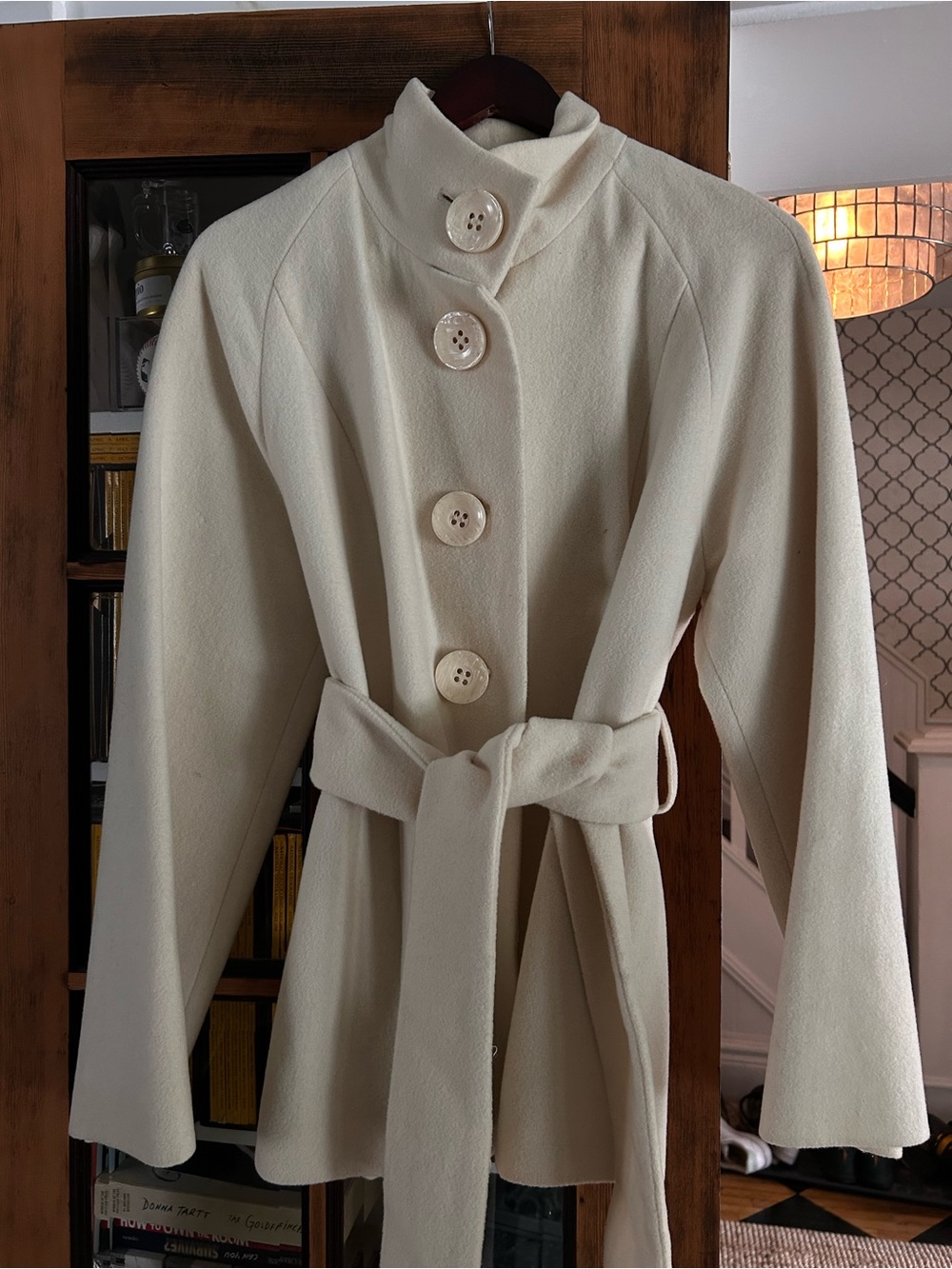 Womens Cream Belted Wool-Blend Coat